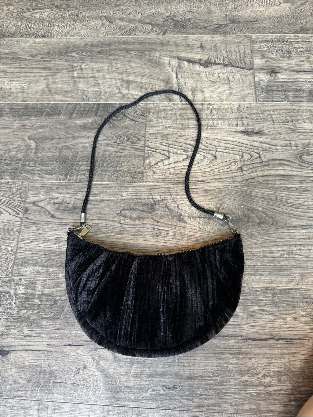 Jessica McClintock Black Velvet Crescent Shoulder Bag with Braided Strap